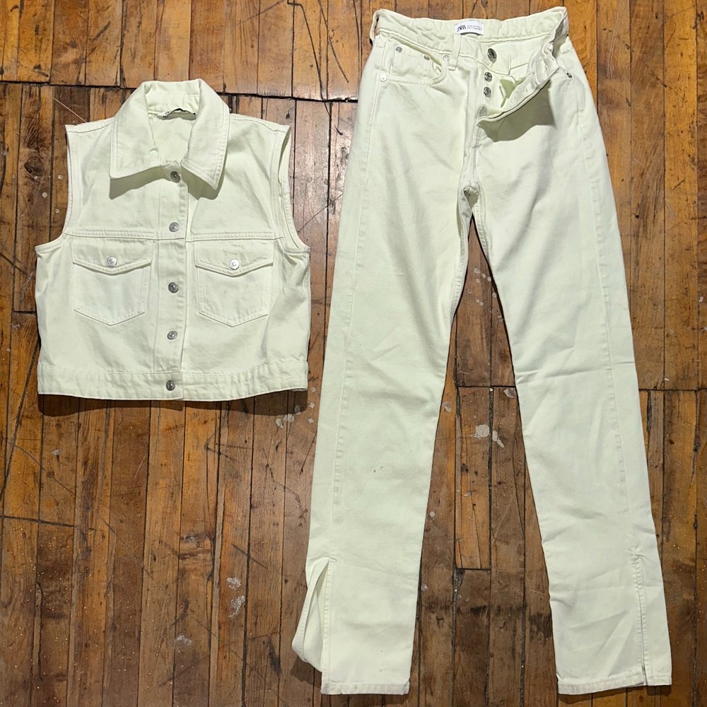 Zara 2 Piece Vest and Jeans Set Women's Size 2 Green Sleeveless Button Front